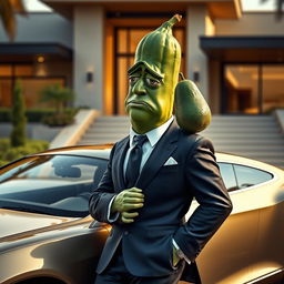 A realistic masculine cucumber, dressed in an expensive tailored suit, leaning against a luxurious car with a wistful and sad expression on its face