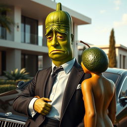 A realistic masculine cucumber, dressed in an expensive tailored suit, leaning against a luxurious car with a wistful and sad expression on its face