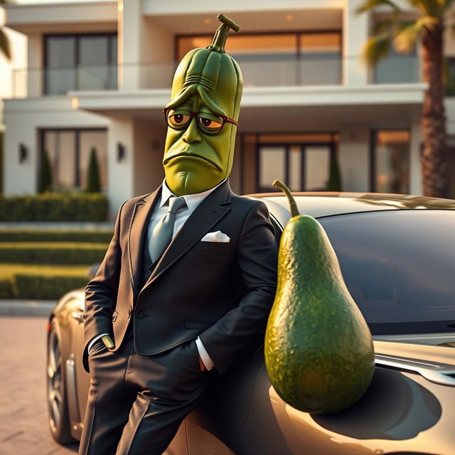 A realistic masculine cucumber, dressed in an expensive tailored suit, leaning against a luxurious car with a wistful and sad expression on its face