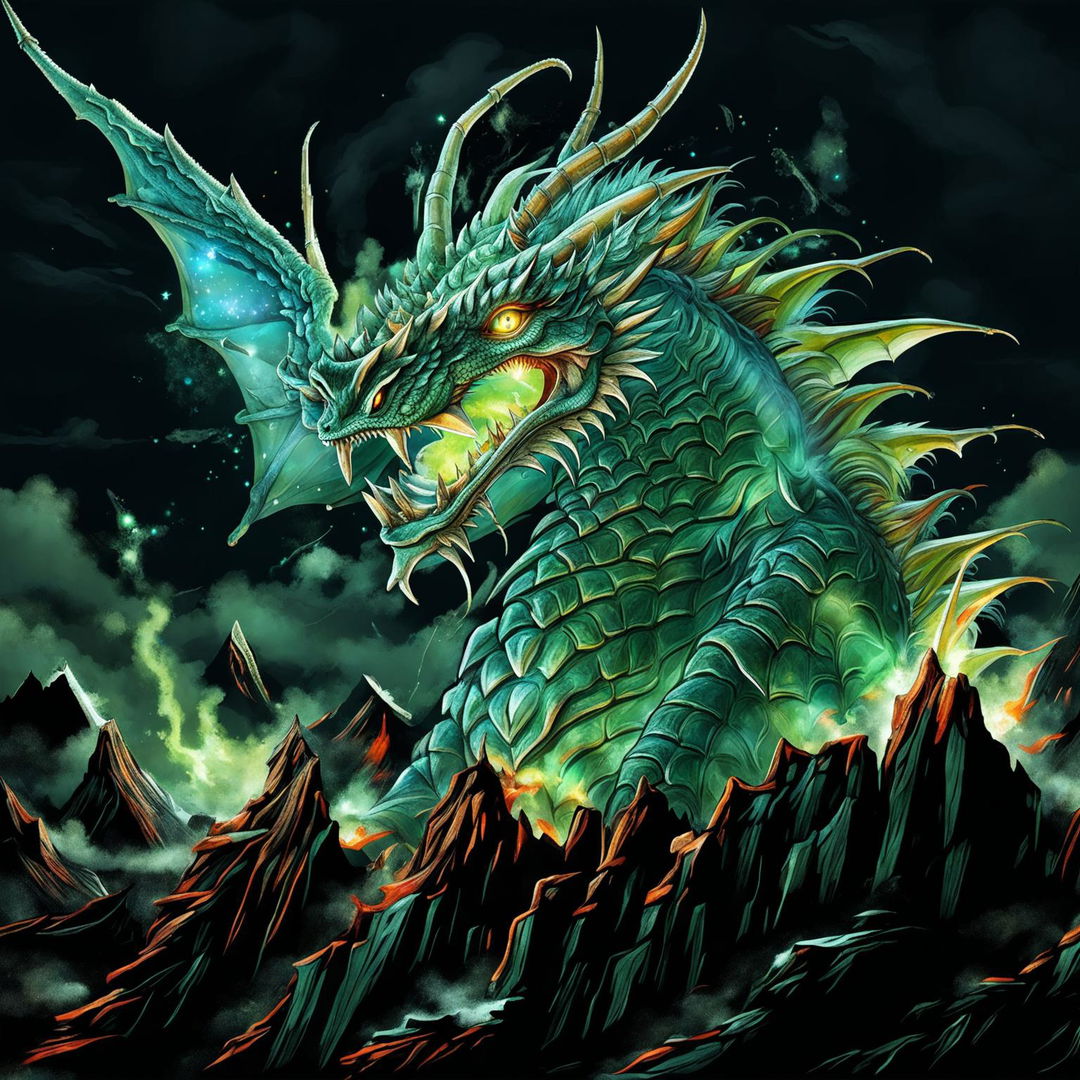 A majestic emerald dragon breathes a torrent of green fire under a starlit night sky, perched atop a rugged mountain peak.