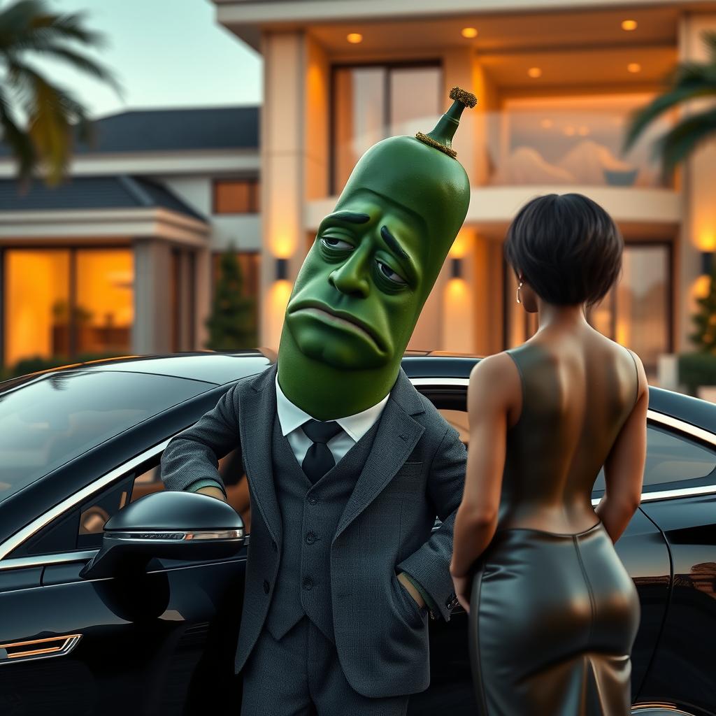 A realistic masculine cucumber, dressed in an expensive tailored suit, leaning into a luxurious car with a sorrowful expression on its face