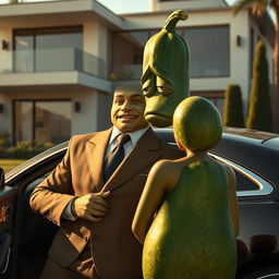 A realistic masculine cucumber, dressed in an expensive tailored suit, leaning into a luxurious car with a sorrowful expression on its face