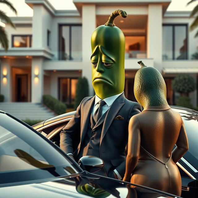 A realistic masculine cucumber, dressed in an expensive tailored suit, leaning into a luxurious car with a sorrowful expression on its face