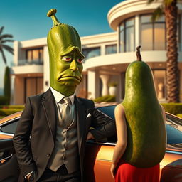 A realistic masculine cucumber, dressed in an expensive tailored suit, leaning into a luxurious car with a sorrowful expression on its face