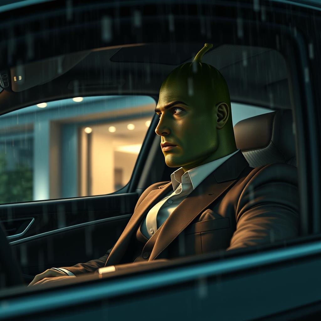 A realistic masculine cucumber dressed in an expensive tailored suit, sitting inside a luxurious car that is parked outside a modern luxurious house