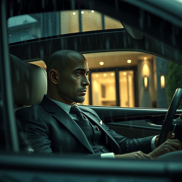 A realistic masculine cucumber dressed in an expensive tailored suit, sitting inside a luxurious car that is parked outside a modern luxurious house