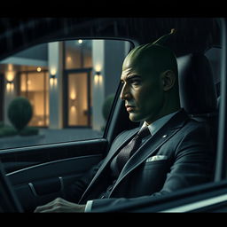 A realistic masculine cucumber dressed in an expensive tailored suit, sitting inside a luxurious car that is parked outside a modern luxurious house
