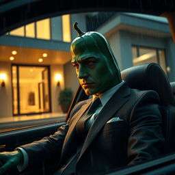 A realistic masculine cucumber dressed in an expensive tailored suit, sitting inside a luxurious car that is parked outside a modern luxurious house