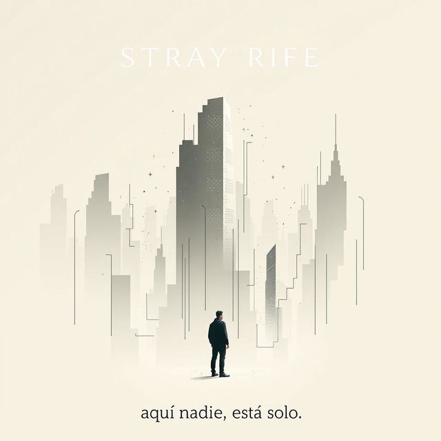 A minimalist yet striking cinema poster for a dystopian futuristic city called Stray Rife, where artificial intelligence casts an intricate web over the lives of its citizens