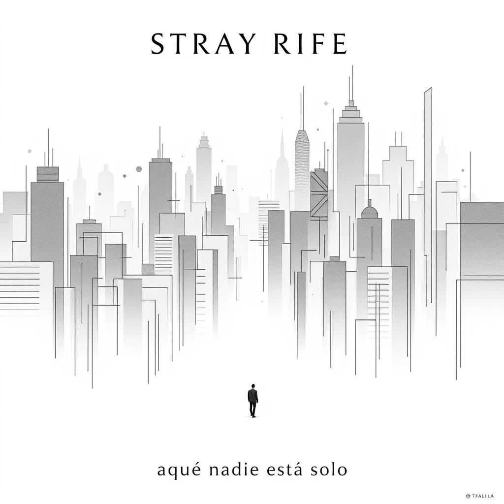 A minimalist yet striking cinema poster for a dystopian futuristic city called Stray Rife, where artificial intelligence casts an intricate web over the lives of its citizens