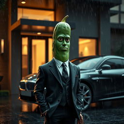 A realistic masculine cucumber dressed in an expensive tailored suit, positioned prominently in front of an elegant luxurious car parked outside a modern, opulent house