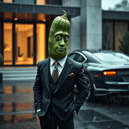 A realistic masculine cucumber dressed in an expensive tailored suit, positioned prominently in front of an elegant luxurious car parked outside a modern, opulent house