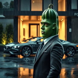 A realistic masculine cucumber dressed in an expensive tailored suit, positioned prominently in front of an elegant luxurious car parked outside a modern, opulent house