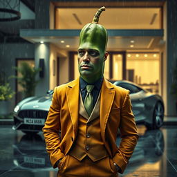 A realistic masculine cucumber dressed in an expensive tailored suit, positioned prominently in front of an elegant luxurious car parked outside a modern, opulent house