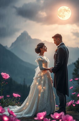 A romantic scene set in a dreamy aesthetic nature view featuring majestic mountains under a rainy night sky