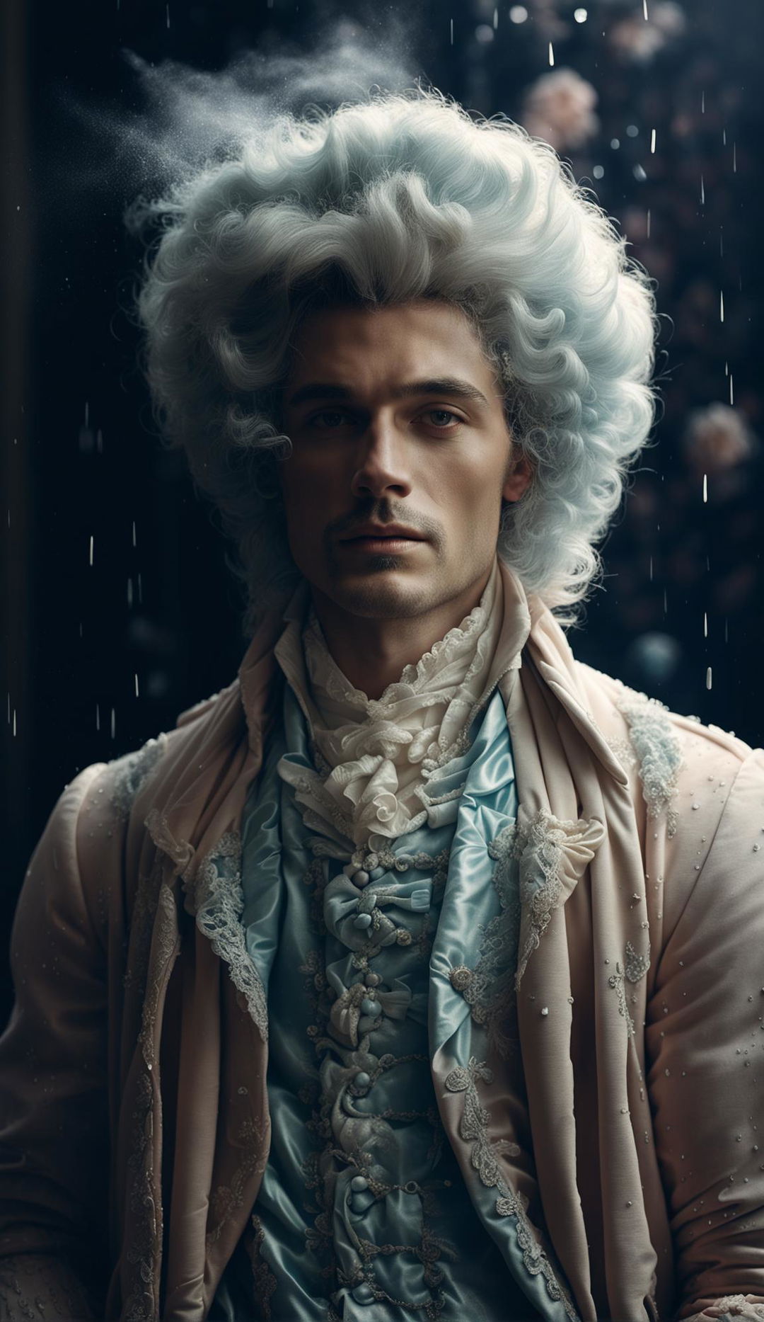 A Rococo-inspired 200mm portrait featuring a noble man in pastel hues against a minimalist background. Ethereal particles float around him while light rain falls gently.