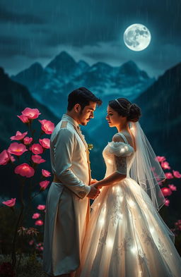 A romantic scene set in a dreamy aesthetic nature view featuring majestic mountains under a rainy night sky