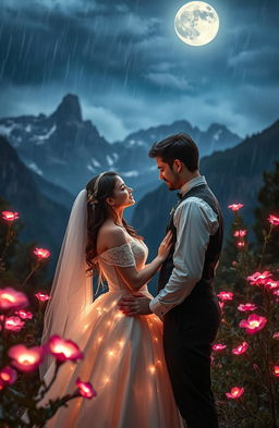 A romantic scene set in a dreamy aesthetic nature view featuring majestic mountains under a rainy night sky