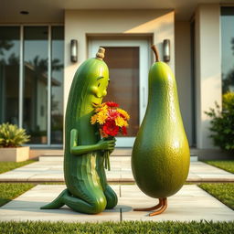 A realistic cucumber kneeling at the front door of a luxurious modern house, holding a vibrant bouquet of flowers in its hands