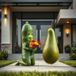 A realistic cucumber kneeling at the front door of a luxurious modern house, holding a vibrant bouquet of flowers in its hands