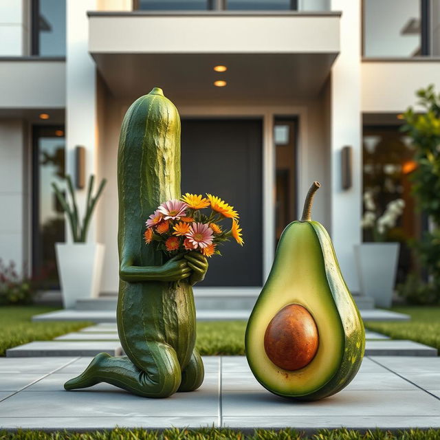 A realistic cucumber kneeling at the front door of a luxurious modern house, holding a vibrant bouquet of flowers in its hands