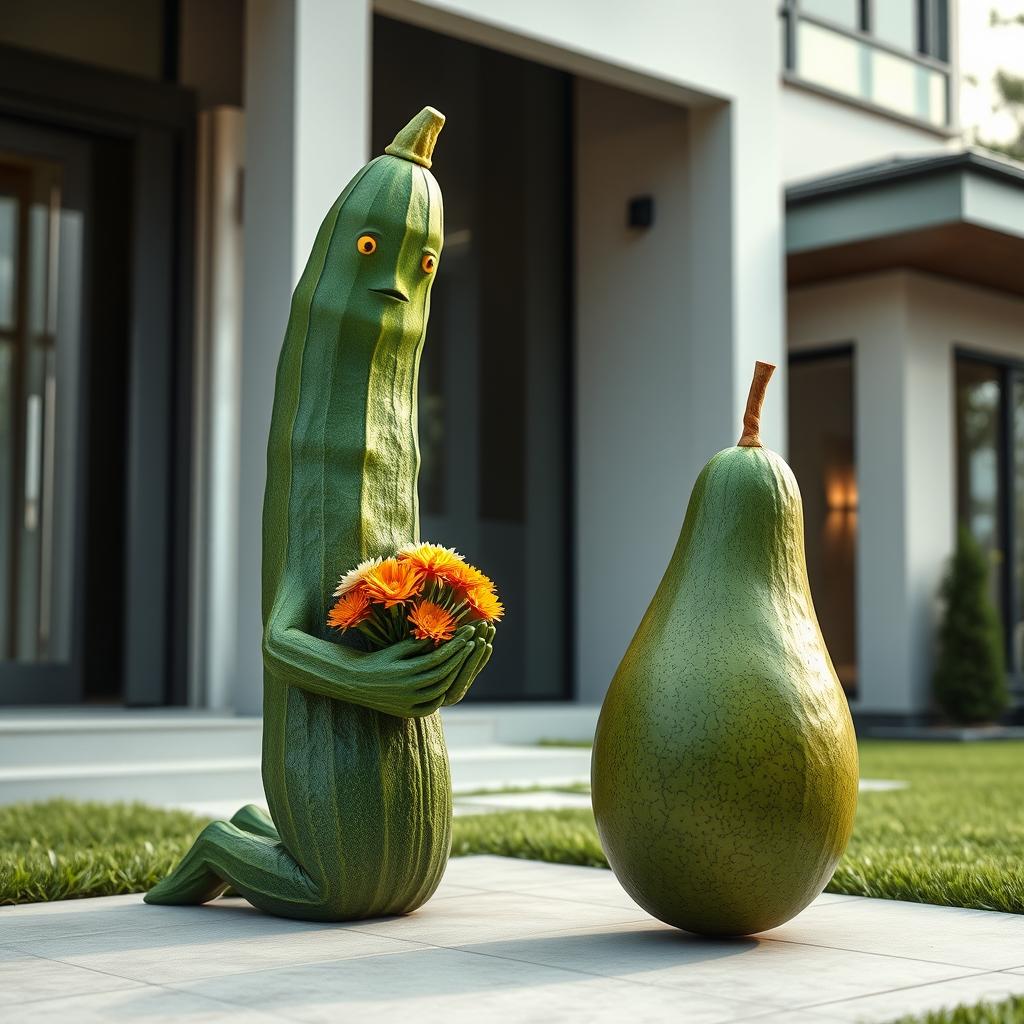 A realistic cucumber kneeling at the front door of a luxurious modern house, holding a vibrant bouquet of flowers in its hands