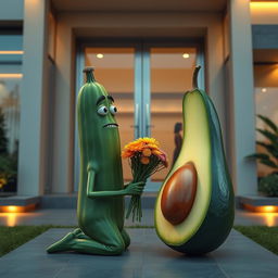 A realistic masculine cucumber kneeling at the front door of a luxurious modern house, holding a colorful bouquet of flowers