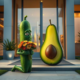 A realistic masculine cucumber kneeling at the front door of a luxurious modern house, holding a colorful bouquet of flowers