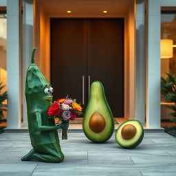 A realistic masculine cucumber kneeling at the front door of a luxurious modern house, holding a colorful bouquet of flowers
