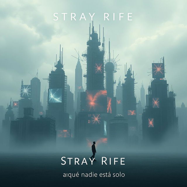 A captivating cinema poster for a dystopian futuristic city named Stray Rife, dominated by the complexities of artificial intelligence