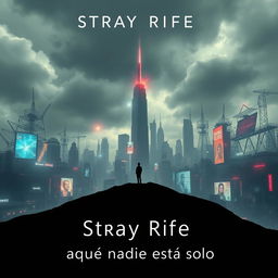 A captivating cinema poster for a dystopian futuristic city named Stray Rife, dominated by the complexities of artificial intelligence