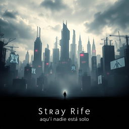 A captivating cinema poster for a dystopian futuristic city named Stray Rife, dominated by the complexities of artificial intelligence