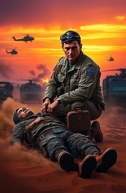 A dramatic scene depicting a Hospital Corpsman during Desert Storm, set in a sandy desert battlefield