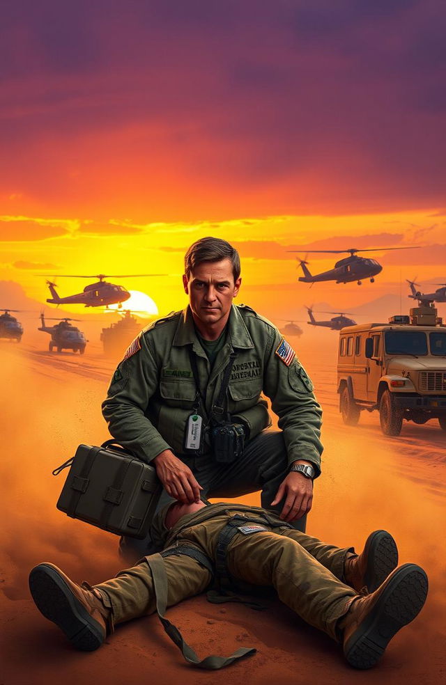 A dramatic scene depicting a Hospital Corpsman during Desert Storm, set in a sandy desert battlefield