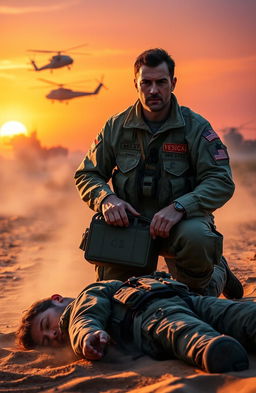 A dramatic scene depicting a Hospital Corpsman during Desert Storm, set in a sandy desert battlefield