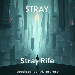 A visually striking cinema poster for a dystopian futuristic city named Stray Rife, where the pervasive influence of artificial intelligence creates a fascinating yet chaotic environment