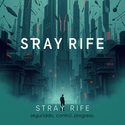A visually striking cinema poster for a dystopian futuristic city named Stray Rife, where the pervasive influence of artificial intelligence creates a fascinating yet chaotic environment