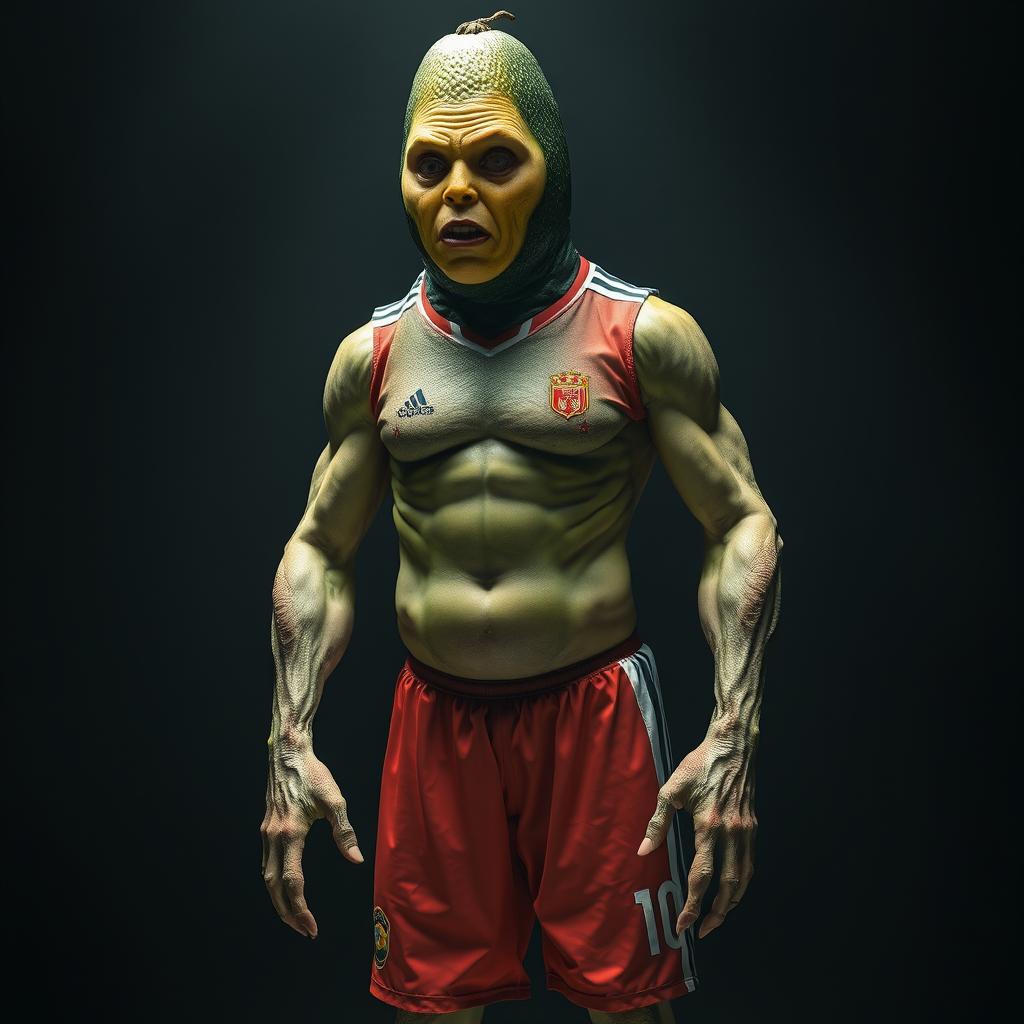 A surreal and horrifying creature that combines various elements: an avocado with a textured skin, a cucumber body, muscular arms and legs of a sexy man in a vibrant soccer uniform, the delicate features of a young Chinese lady integrated into the face, the body shape of a fat Mexican lady, and the aged hands and hair of an old lady