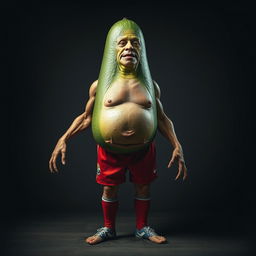 A surreal and horrifying creature that combines various elements: an avocado with a textured skin, a cucumber body, muscular arms and legs of a sexy man in a vibrant soccer uniform, the delicate features of a young Chinese lady integrated into the face, the body shape of a fat Mexican lady, and the aged hands and hair of an old lady