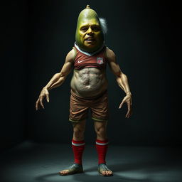 A surreal and horrifying creature that combines various elements: an avocado with a textured skin, a cucumber body, muscular arms and legs of a sexy man in a vibrant soccer uniform, the delicate features of a young Chinese lady integrated into the face, the body shape of a fat Mexican lady, and the aged hands and hair of an old lady