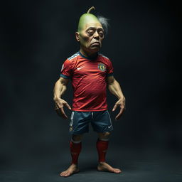 A surreal and horrifying creature that combines various elements: an avocado with a textured skin, a cucumber body, muscular arms and legs of a sexy man in a vibrant soccer uniform, the delicate features of a young Chinese lady integrated into the face, the body shape of a fat Mexican lady, and the aged hands and hair of an old lady