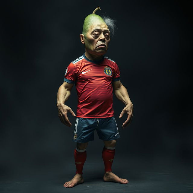 A surreal and horrifying creature that combines various elements: an avocado with a textured skin, a cucumber body, muscular arms and legs of a sexy man in a vibrant soccer uniform, the delicate features of a young Chinese lady integrated into the face, the body shape of a fat Mexican lady, and the aged hands and hair of an old lady