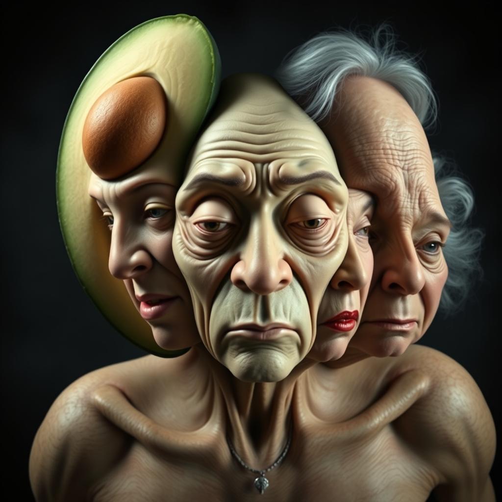 A surreal and horrifying creature that combines multiple faces into a grotesque but fascinating visage: the smooth, textured face of an avocado, the elongated features of a cucumber, the chiseled and handsome face of a sexy man, the delicate and youthful face of a beautiful young Chinese lady, the round and warm face of a fat Mexican lady, and the wrinkled yet wise face of an old lady