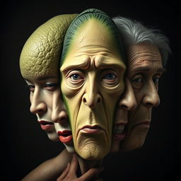A surreal and horrifying creature that combines multiple faces into a grotesque but fascinating visage: the smooth, textured face of an avocado, the elongated features of a cucumber, the chiseled and handsome face of a sexy man, the delicate and youthful face of a beautiful young Chinese lady, the round and warm face of a fat Mexican lady, and the wrinkled yet wise face of an old lady