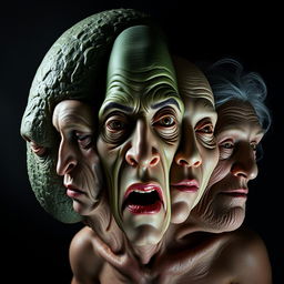 A surreal and horrifying creature that combines multiple faces into a grotesque but fascinating visage: the smooth, textured face of an avocado, the elongated features of a cucumber, the chiseled and handsome face of a sexy man, the delicate and youthful face of a beautiful young Chinese lady, the round and warm face of a fat Mexican lady, and the wrinkled yet wise face of an old lady