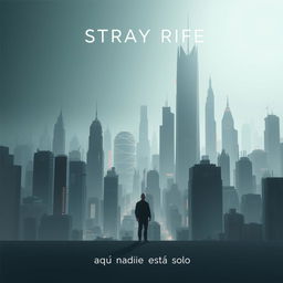 A visually engaging cinema poster for a dystopian futuristic city named Stray Rife, where artificial intelligence weaves through the urban fabric, creating an atmosphere of mystery and intrigue