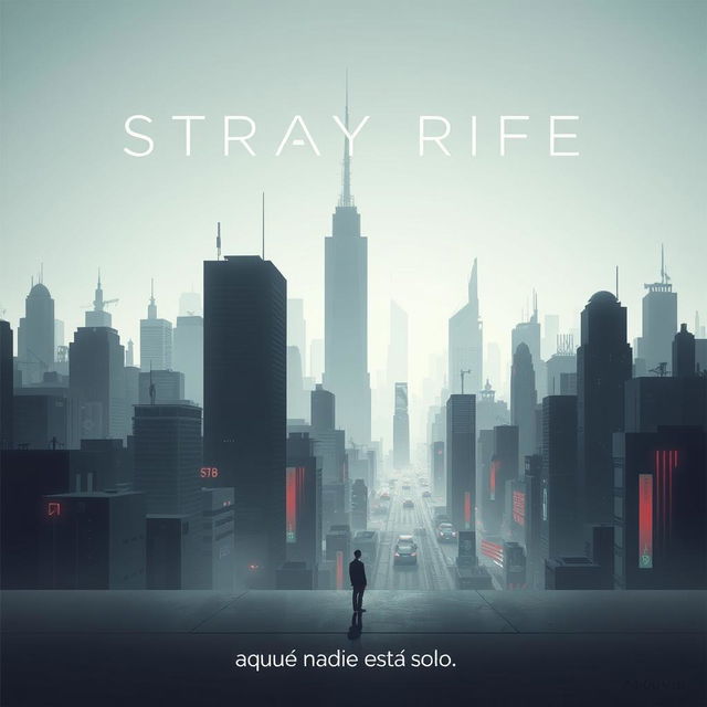 A visually engaging cinema poster for a dystopian futuristic city named Stray Rife, where artificial intelligence weaves through the urban fabric, creating an atmosphere of mystery and intrigue