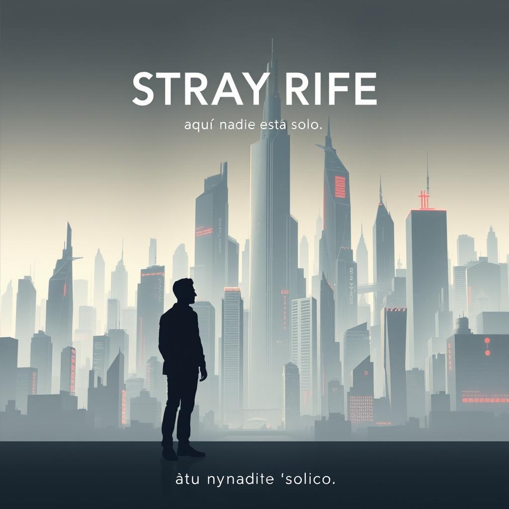 A visually engaging cinema poster for a dystopian futuristic city named Stray Rife, where artificial intelligence weaves through the urban fabric, creating an atmosphere of mystery and intrigue