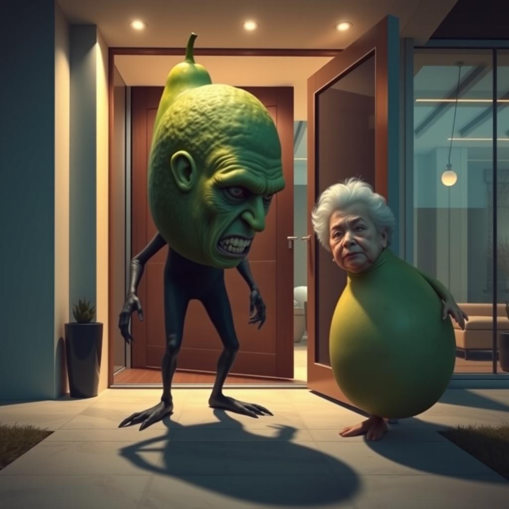A surreal and horrifying creature standing outside the front door of a luxurious modern house, featuring a grotesque combination of faces: the smooth face of an avocado, the elongated features of a cucumber, the chiseled visage of a sexy man, the delicate and youthful face of a beautiful young Chinese lady, the round and warm expression of a fat Mexican lady, and the wrinkled face of an old lady