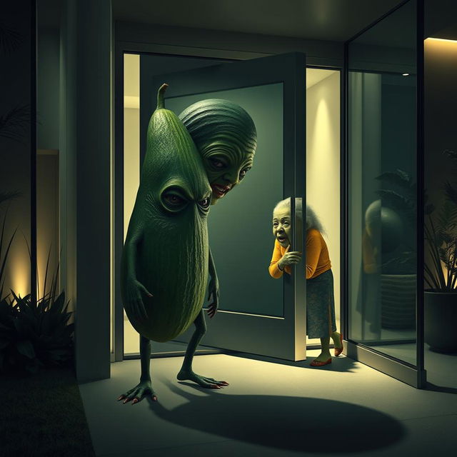 A surreal and horrifying creature standing outside the front door of a luxurious modern house, featuring a grotesque combination of faces: the smooth face of an avocado, the elongated features of a cucumber, the chiseled visage of a sexy man, the delicate and youthful face of a beautiful young Chinese lady, the round and warm expression of a fat Mexican lady, and the wrinkled face of an old lady